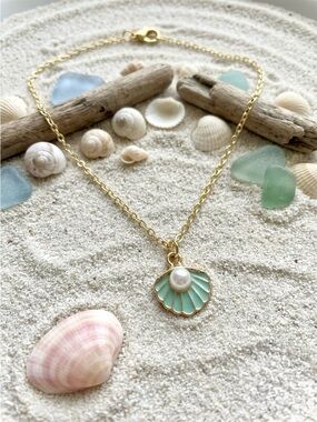 Gold Plated Shell Pendant Necklace with Blue Enamel and Pearl
